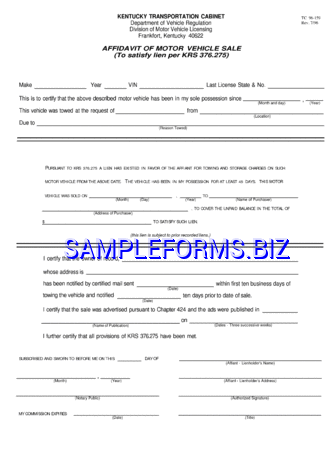 Kentucky Affidavit of Motor Vehicle Sale Form pdf free